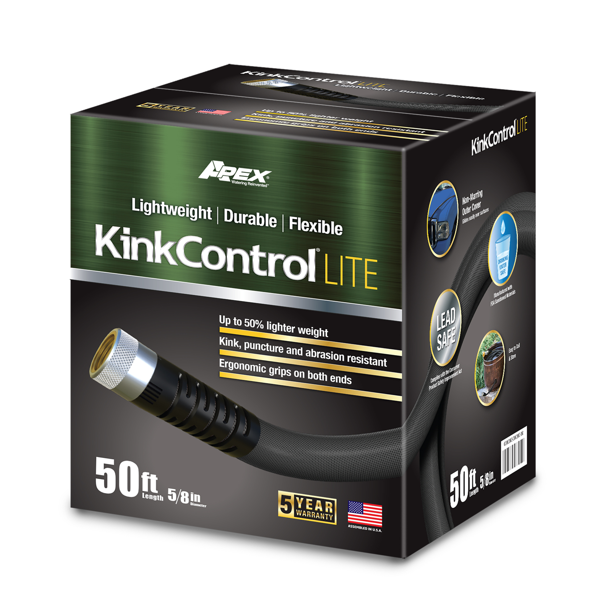 Apex KinkControl Lite Garden Hose, 50ft. x 5/8in., 600 Max. PSI, Black, Model# 4009-50